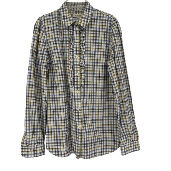 Barbour Women’s Ruffle Plaid Flannel Long Sleeve Button Down Top Size 6 - Picture 1 of 11